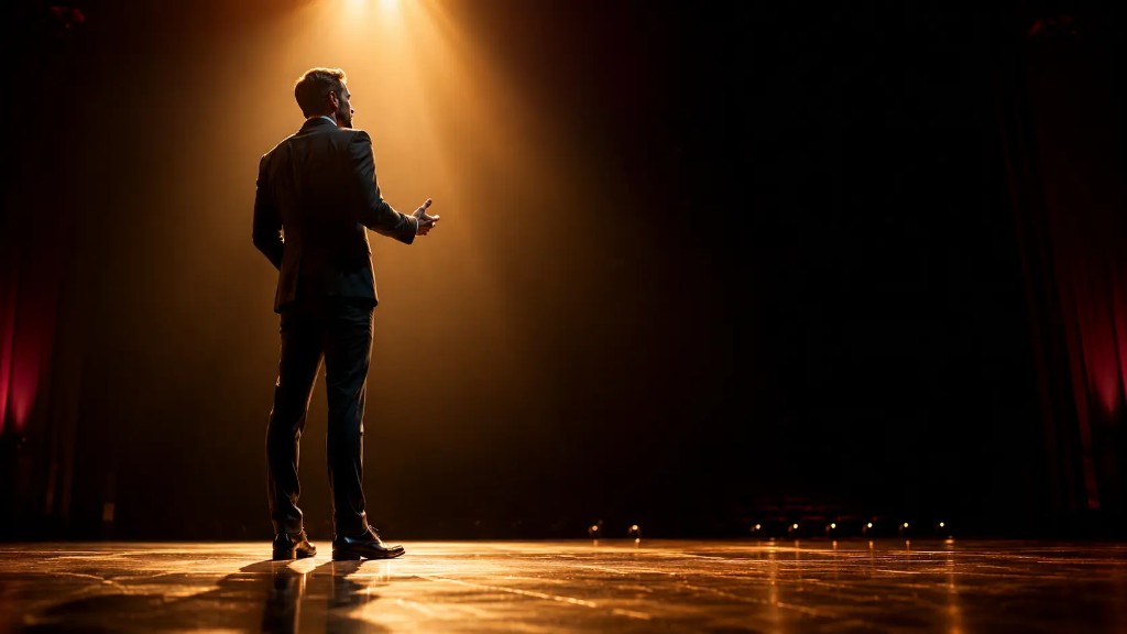 Speaker en escenario bajo spotlight, proyectando autoridad